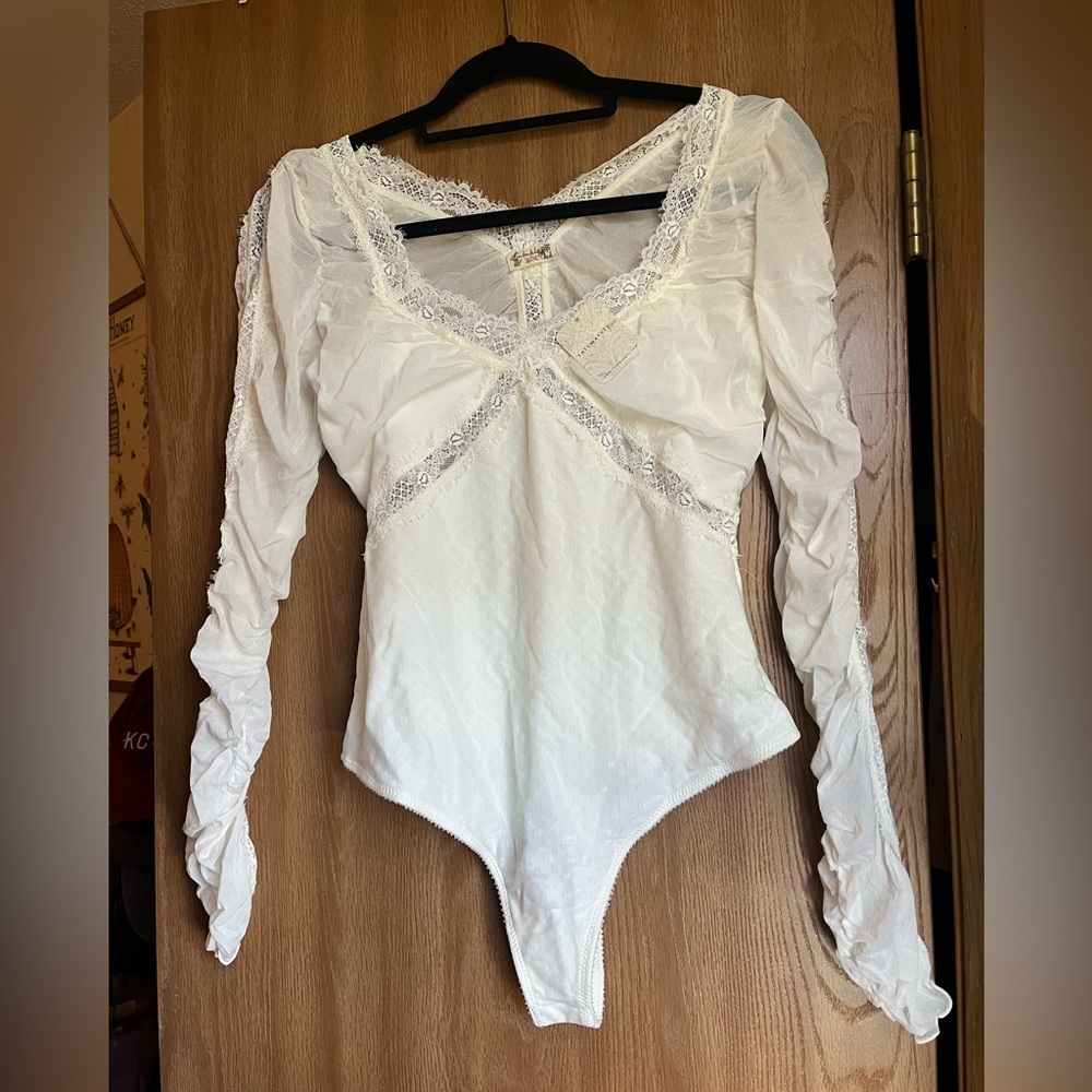 Free People Elegant White Lace Bodysuit